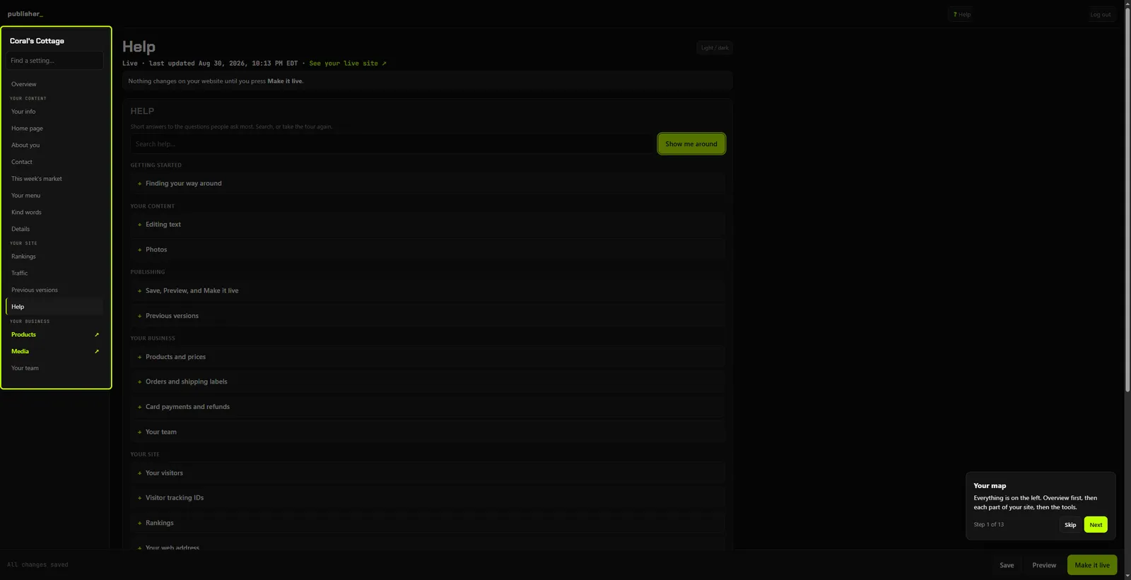 The Help tab in Publisher. A list of short articles grouped under Getting started, Your content, Publishing, Your business, and Your site, with a search box and a Show me around button. A tour card in the corner reads Your map, step 1 of 13.