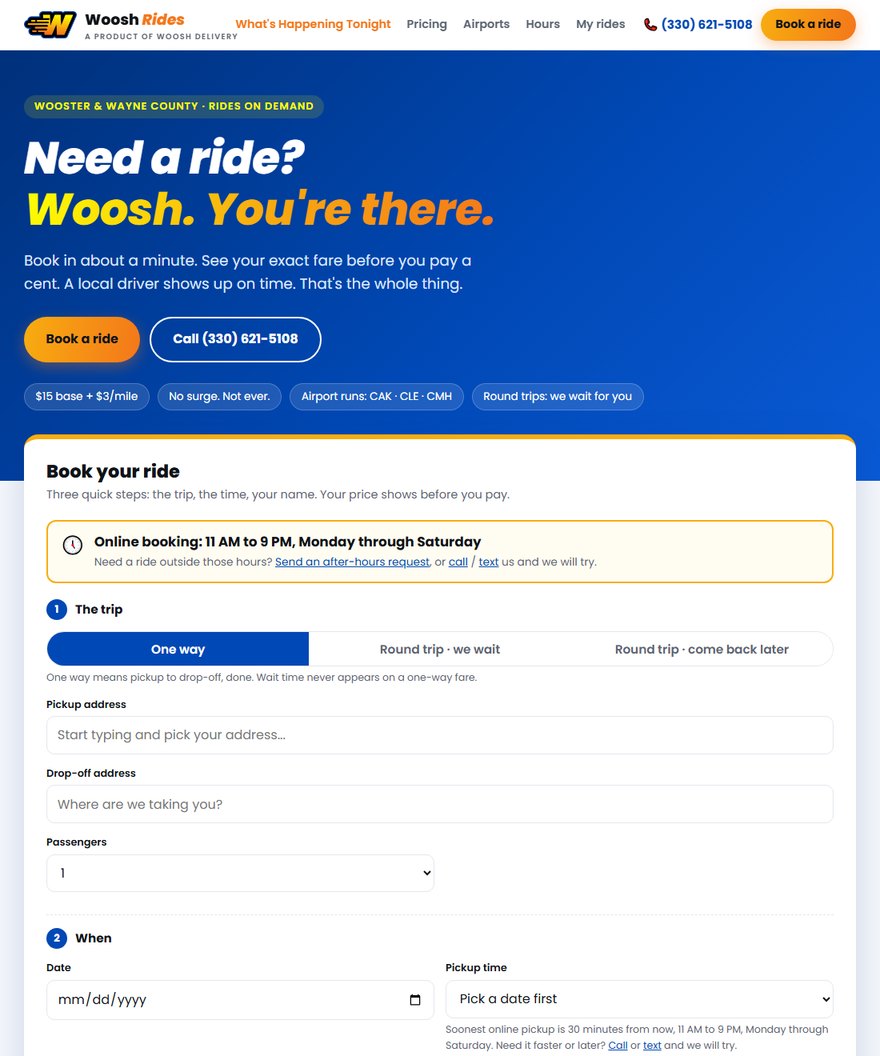 Woosh Rides booking platform homepage