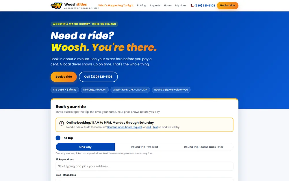 Woosh Rides homepage